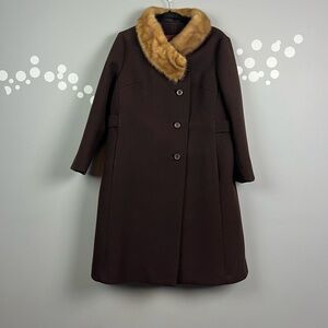 Vintage Stevens Forstmann Brown Coat Mink Fur Collar Union Made ILGWU 1950 1960